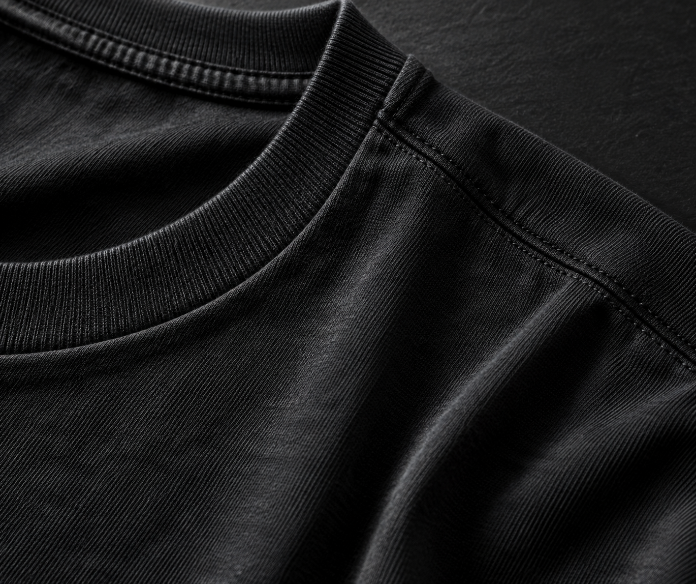 Close-up of dense cotton, ribbed collar and shoulder stitching