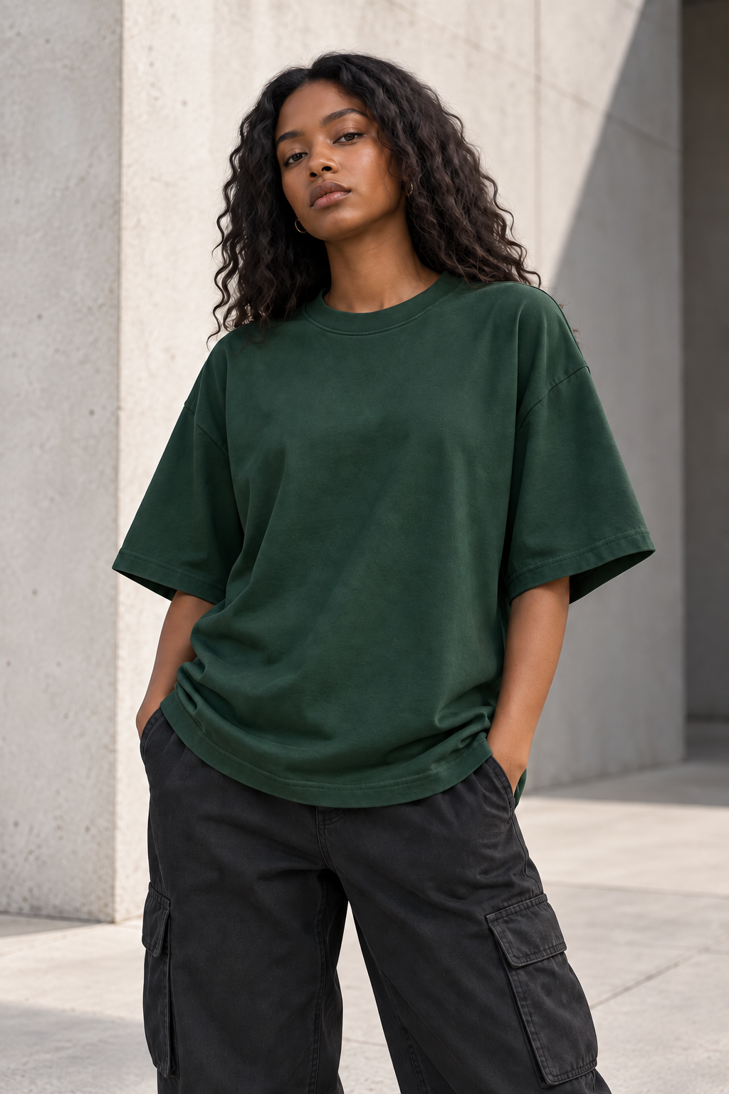 Model wearing the forest-green HD oversized T-shirt
