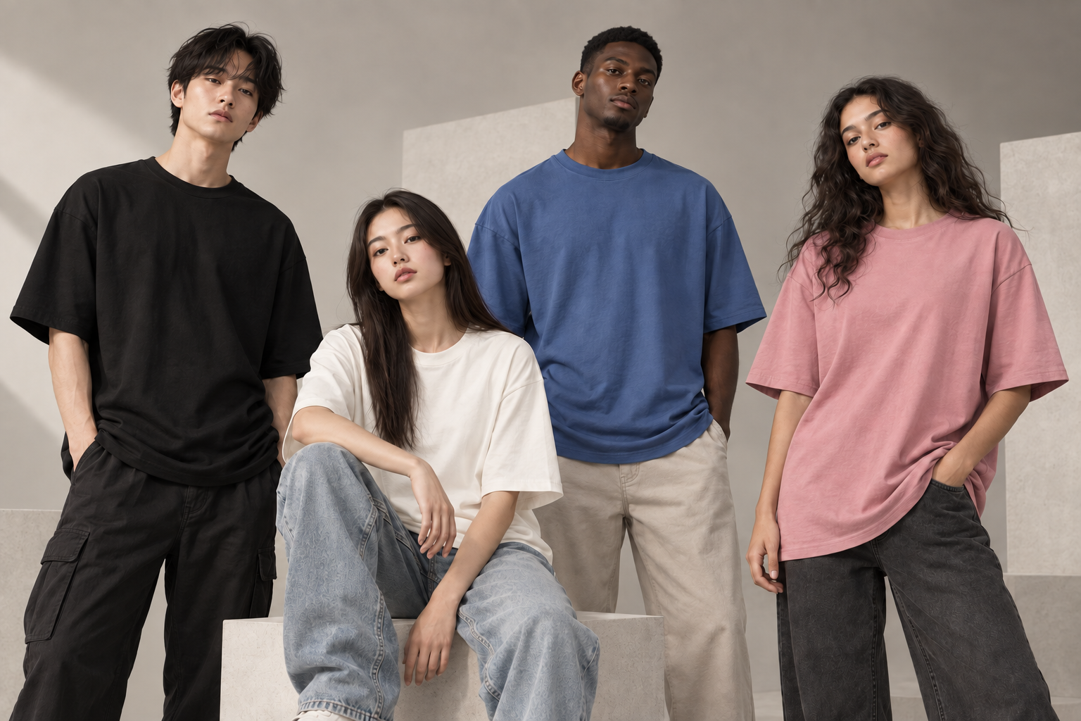 Four models of diverse skin tones wearing solid-color HD heavyweight T-shirts